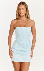 Rachel Mini Dress - Strapless Corset Bodice Draped Skirt Dress in Ice Blue