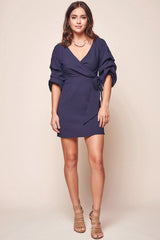 Danielle Ruched Sleeve Wrap Dress Navy