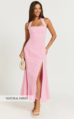 Narissa Midi Dress - Halter A Line Dress in Pink Gingham
