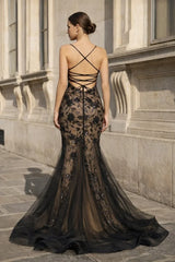 Black-Nude Mermaid Spaghetti Straps Tulle Long Prom Dresses With Floral Sequins