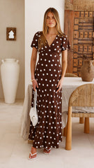 Rayne Maxi Dress - Brown/White Polka