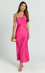 Carmella Midi Dress - One Shoulder Twist Detail Dress in Fuchsia