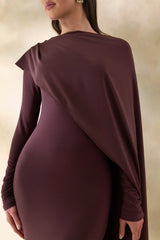 Salenne | Brown Wide-Neck Maxi Dress With Satin Asymmetric-Cape