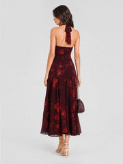 Halter V-neck Drop Waist Georgette Midi Dress