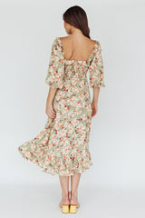 Flynn Balloon Sleeve Shirred Midi Dress Floral Green