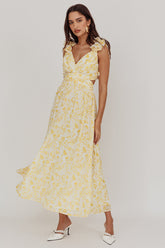 Madara Lace-Up Back Maxi Dress Floral Yellow
