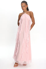 Cici Halterneck Ruffle Maxi Dress Pink