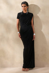 Gisara | Black High-Neck Maxi Dress With Sash And Draped-Detailing