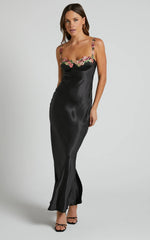 Harmony Maxi Dress - Floral Detail Cup Bust Satin Dress in Black
