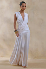 Glorina | Cream Plunge-Neck Maxi Dress With Draped-Detailing