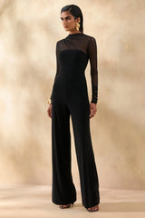 Emeria | Black High-Neck Jumpsuit With Long Mesh-Sleeves