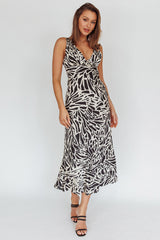 Turin V-Neckline Print Midi Dress Black