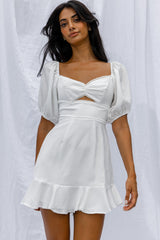 Catch Feelings Sweetheart Neckline Puff Sleeve Dot Trim Dress White
