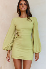 Talk Of The Town Long Lantern Sleeve Side Tie Bodycon Dress Olive