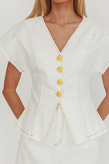 Over It Short Sleeve Button Top Cream