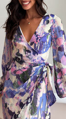 Jemma Long Sleeve Mini Dress - Purple Abstract