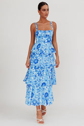 Provence Bloom Tiered Floral Maxi Dress Blue