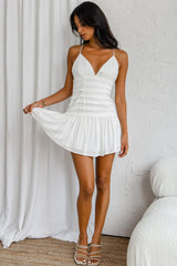 Clear Skies Pintuck Pleat Wide Ruffle Hem Mini Dress Sky White