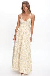 Enchanted Leaf Floral Print A-Line Maxi Dress Yellow