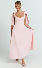 Tymia Midi Dress - Shoulder Tie Bustier Shirred Back A Line in Pink