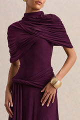 Evelisse | Plum High-Neck Maxi Dress With Short-Cape Sleeves