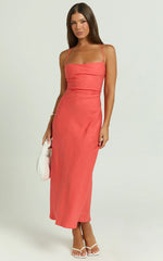 Evangeline Midi Dress - Square Neck Cross Back Bias Dress in Coral
