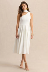 Odette | White Asymmetric-Neck Midi Dress With Scarf