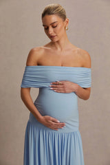 Juliette | Powder Blue Bardot-Neck Maternity Maxi Dress With Drop-Waist
