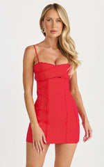 Gigi Mini Linen Blend Dress - Sweetheart Tie Back Scallop Detail Dress in Red