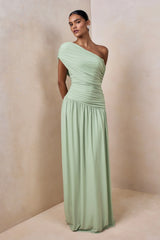 Emberly | Green Draped Asymmetric-Neck Maxi Dress With Drop-Waist