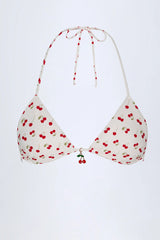 Charm-Detail Triangle Bikini Top in Cherry Print