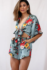 Rivera Tie-Knot Bell Sleeve Romper Sage