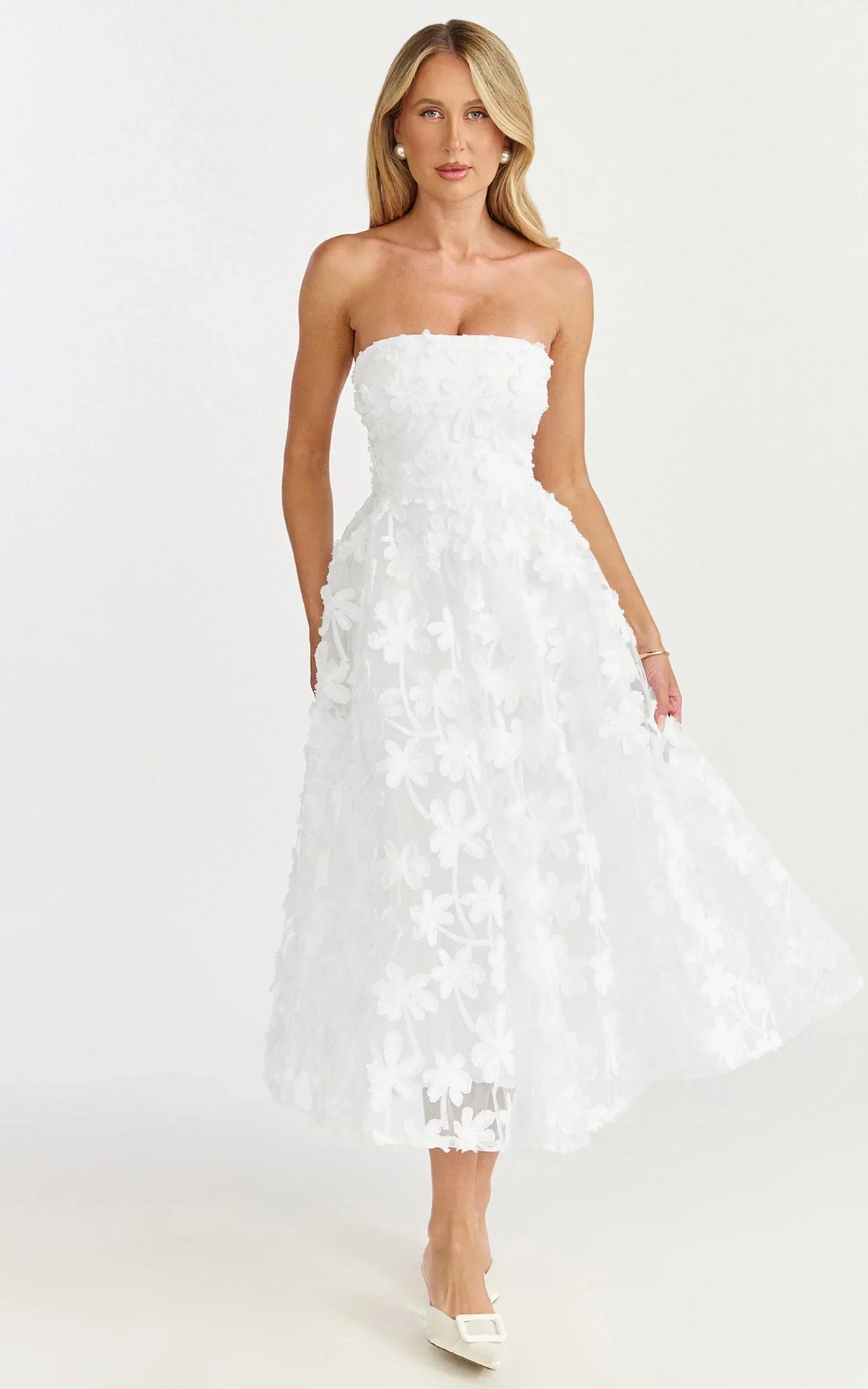 Rheiva Midi Dress - Strapless 3D Embroidery Midi Dress in White