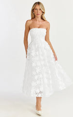 Rheiva Midi Dress - Strapless 3D Embroidery Midi Dress in White