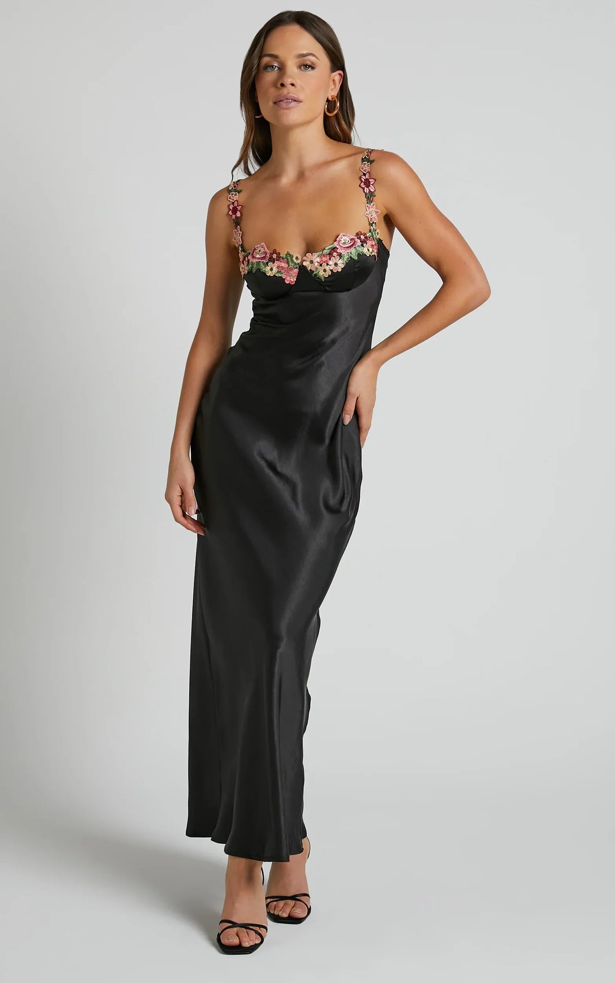 Harmony Maxi Dress - Floral Detail Cup Bust Satin Dress in Black