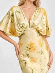 Floral Print Satin Plunge-Neck Maxi Dress