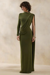 Oliria | Olive High-Neck Maxi Dress With One-Long Sleeve And Sash-Detail