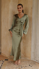 Ivy Long Sleeve Tie Front Maxi Dress - Olive