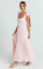 Tymia Midi Dress - Shoulder Tie Bustier Shirred Back A Line in Pink