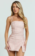 Ellis Mini Dress - Ruched Side Straight Neck Wrap Dress in Dusty Pink