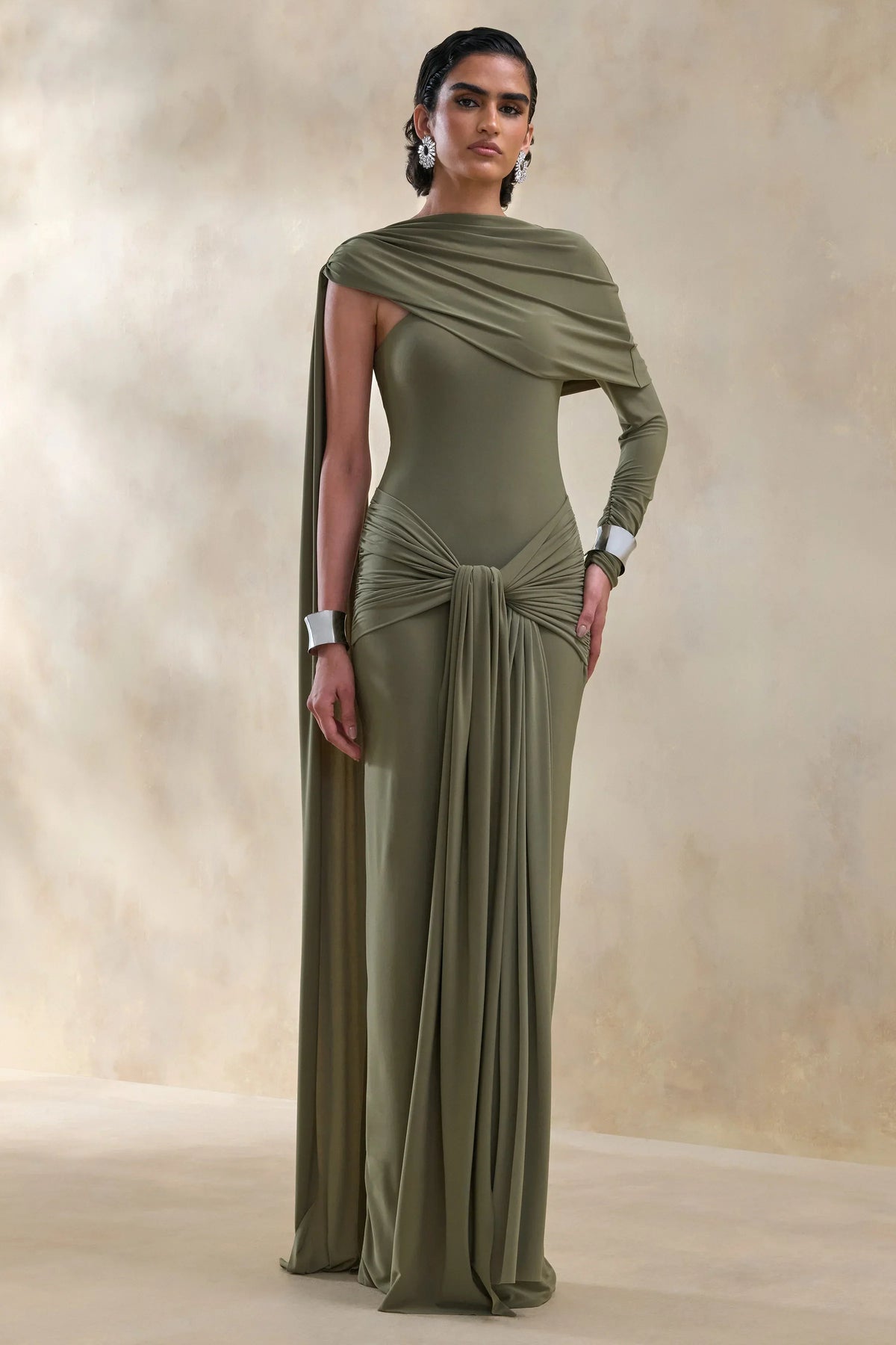 Trisara | Olive Asymmetric-Neck Maxi Dress With Gathered-Detailing And Sash