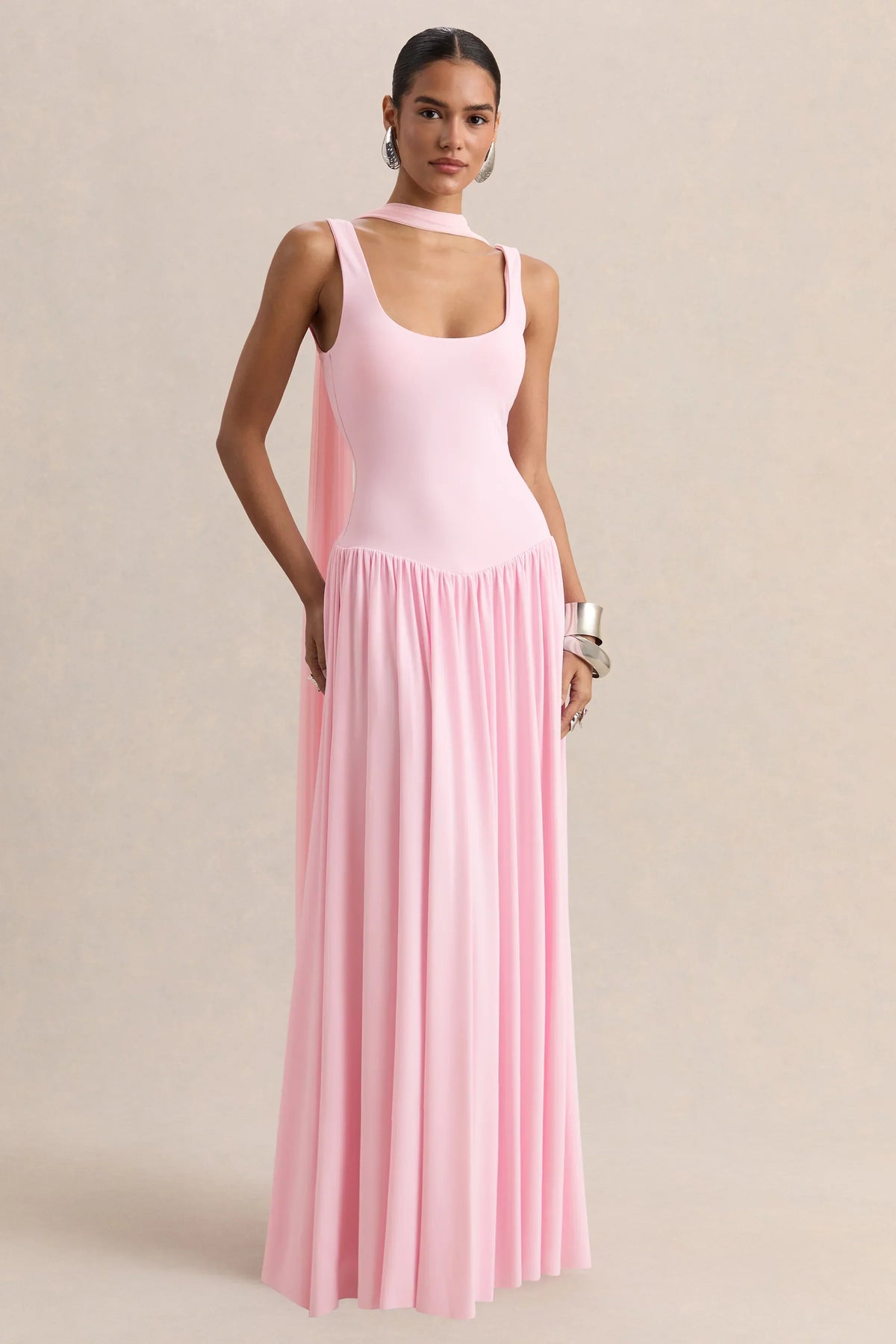 Aurina | Pink Square-Neck Maxi Dress With Scarf-Detail