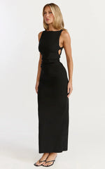 Liora Midi Dress - Boat Neck Side Twist Strap Midi Dress in Black