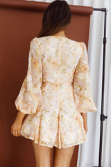 Estelle Long Sleeve V-Neckline Dress Watercolor Floral Print Peach