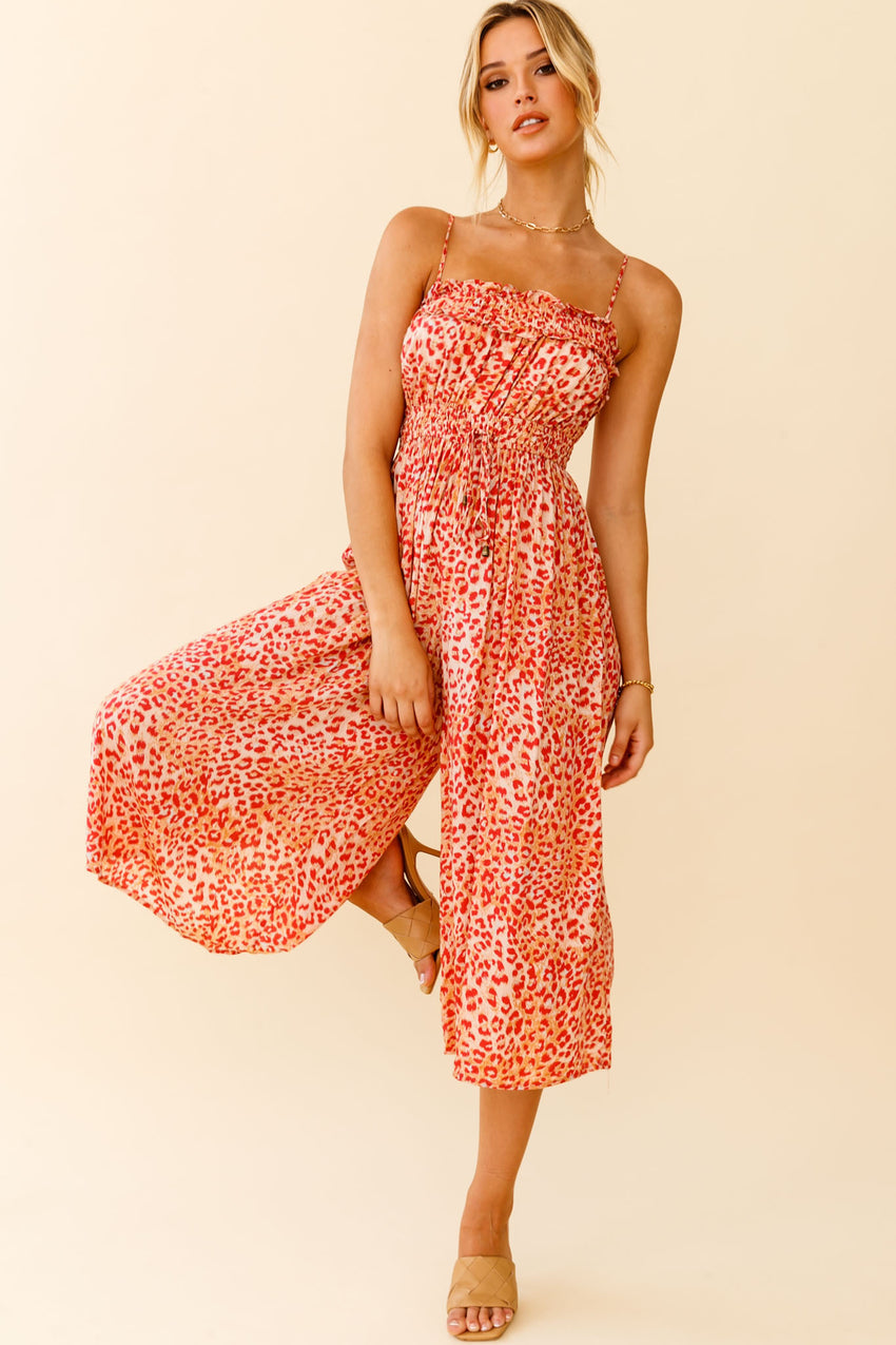 Weekend Escape Cami Strap Drawstring Jumpsuit Animal Print Orange