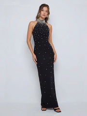 Hand-Embellished Halter-Neck Maxi Dress