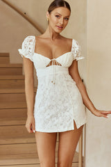 Norma Jean Puff Sleeve Cut-Out Bust Lace Mini Dress White