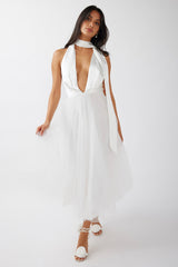 Darci Plunging Neckline Tulle Midi Dress White