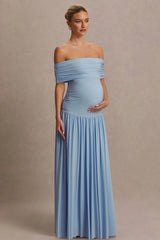 Juliette | Powder Blue Bardot-Neck Maternity Maxi Dress With Drop-Waist