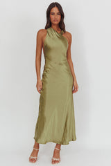 Florisse Asymmetric Neckline Maxi Dress Olive